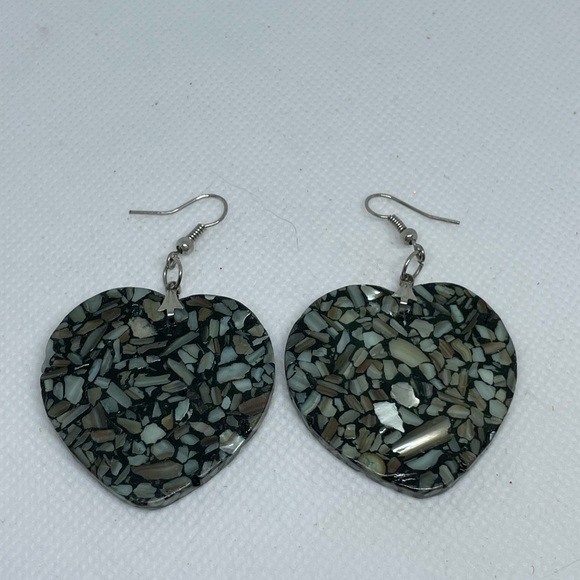 Euro wire heart earrings simulated granite green gray black tan 2.5 x 1.5 inches - Picture 2 of 5